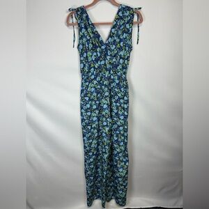 Time to Bloom Jumpsuit Faux Wrap V-neck Floral Blue/Green SMALL Tie Waist